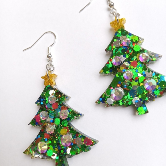 Sterling silver green glitter rhinestone Christmas trees dangle earrings new - Picture 3 of 4